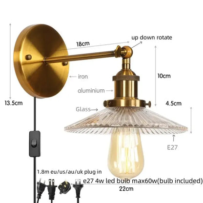 Brass-finished decorbites industrial loft led wall light with textured glass shade and exposed Edison bulb for bedroom decor