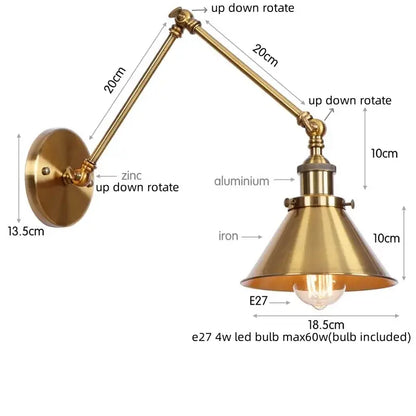 Brass-finished adjustable wall lamp with conical shade and articulated arm for decorbites industrial loft bedroom decor