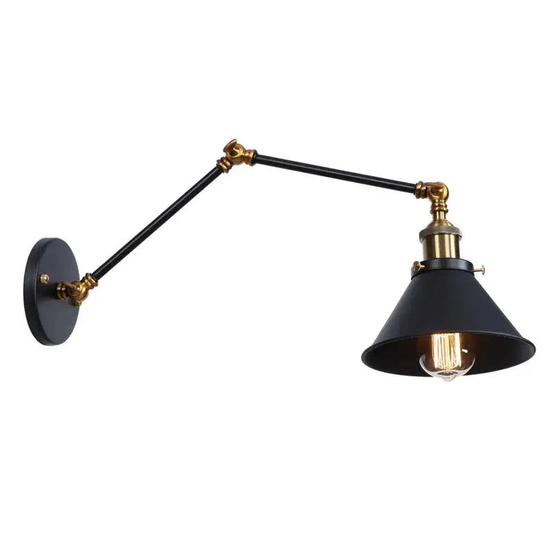 Black industrial loft led wall lamp with brass accents and adjustable arm for bedroom decorbites industrial loft sconce