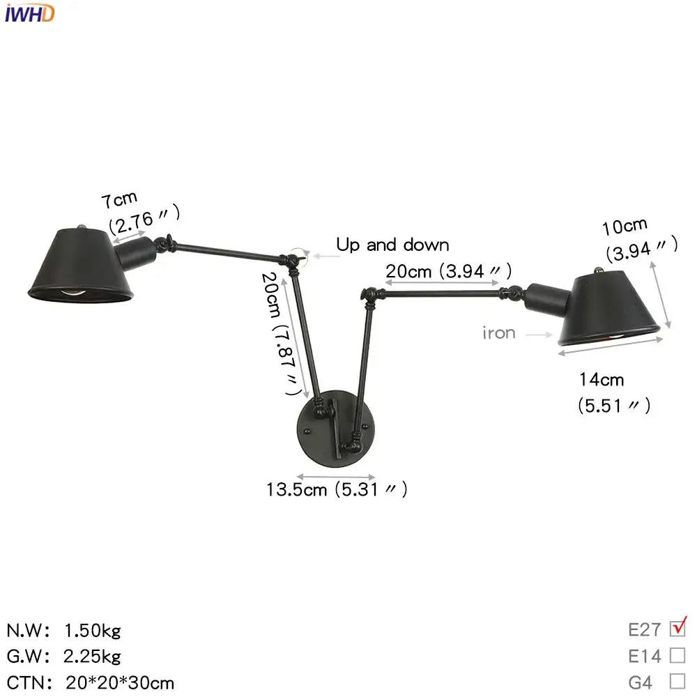 Industrial matte black adjustable led wall light fixture featuring black matte iron dual-arm with conical shades