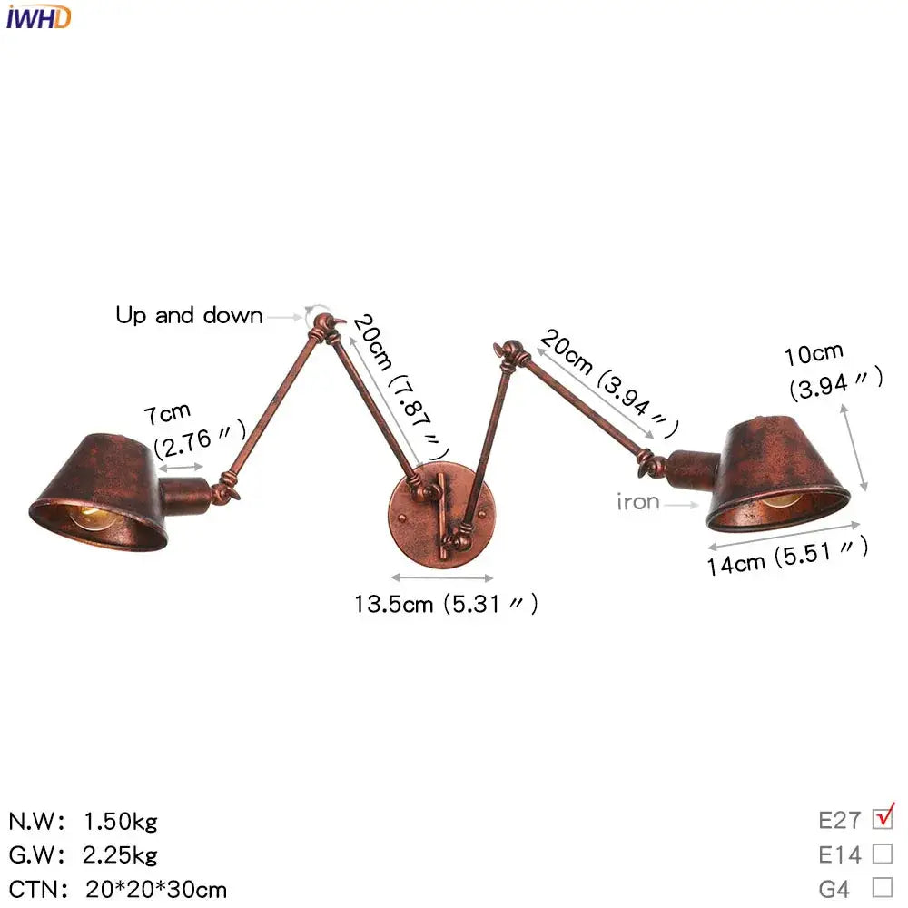Copper-finished iron wall-mounted double-arm adjustable led wall light fixture with conical shades for bedroom use