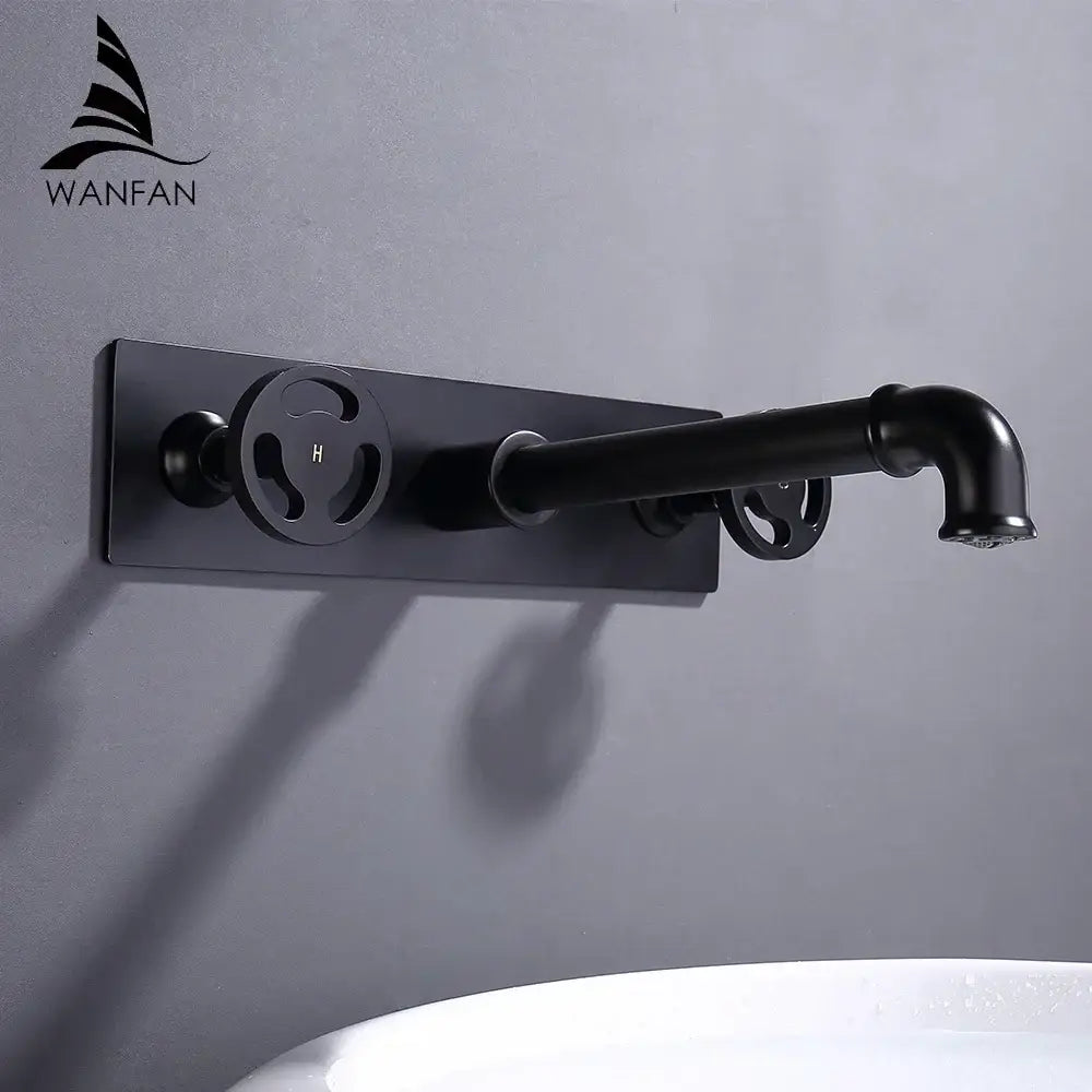 Black matte finished industrial style dual handles basin faucet wall mounted for bathroom decorbites decor