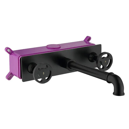 Industrial matte black basin faucet with purple accents featuring dual vintage pipe handles decorbites industrial style