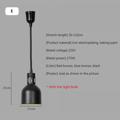 Industrial matte black iron electroplated hanging heat preservation lamp with flexible coiled neck for electric food heat