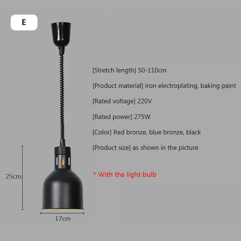 Industrial matte black iron electroplated hanging heat preservation lamp with flexible coiled neck for electric food heat