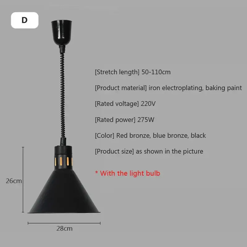 Black conical industrial heat preservation lamp with flexible coiled metal stem and iron electroplated finish for electric food heat
