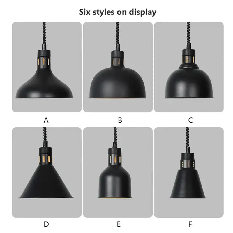 Industrial matte black electric food heat preservation lamp with flexible cords and ventilation slots for kitchen use