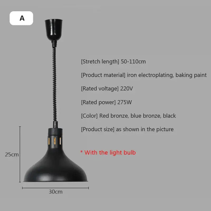 Industrial matte black black iron electroplated heat preservation lamp with flexible coiled neck for food heat preservation