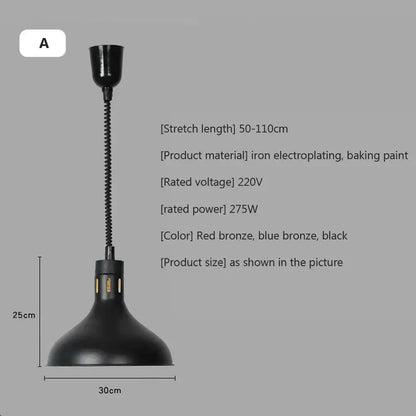 Black industrial-style electric food heat preservation lamp with coiled metal stem and wide bell-shaped shade for kitchen use