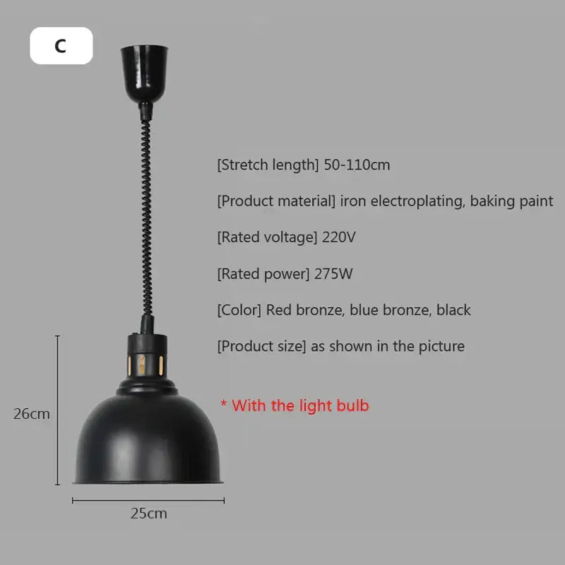 Black iron electroplated industrial pendant lamp with flexible coiled neck for electric food heat preservation