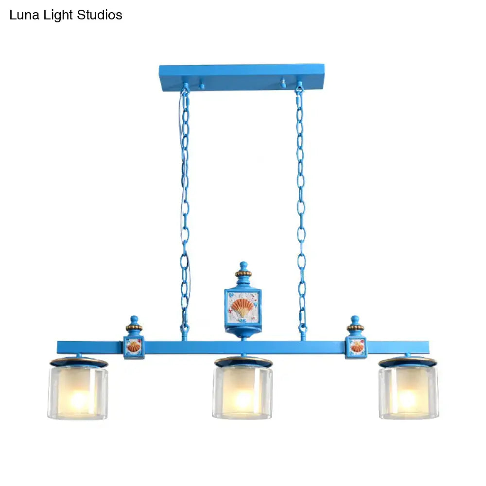 Decorbites sky blue dual cylinder parlor island pendant lamp with blue metal frame and three glass shades with shell motifs