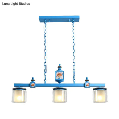 Decorbites sky blue dual cylinder parlor island pendant lamp with blue metal frame and three glass shades with shell motifs