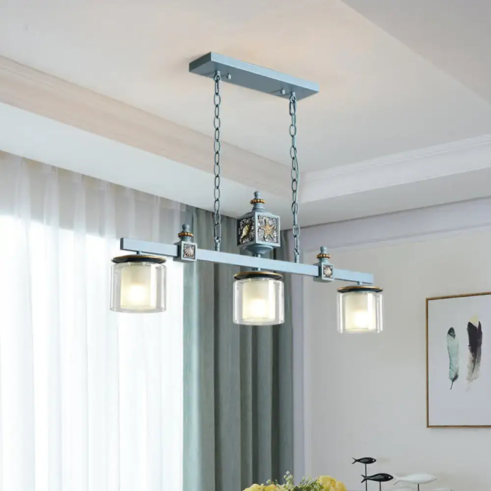 Industrial-style decorbites light blue dual cylinder parlor island pendant lamp with matte gray metal and brass accents