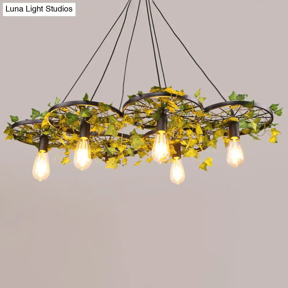 DecorBites™ industrial metal pendant light black hanging lamp with three wheel frames and glowing Edison bulbs 220v-240v 110v-120v