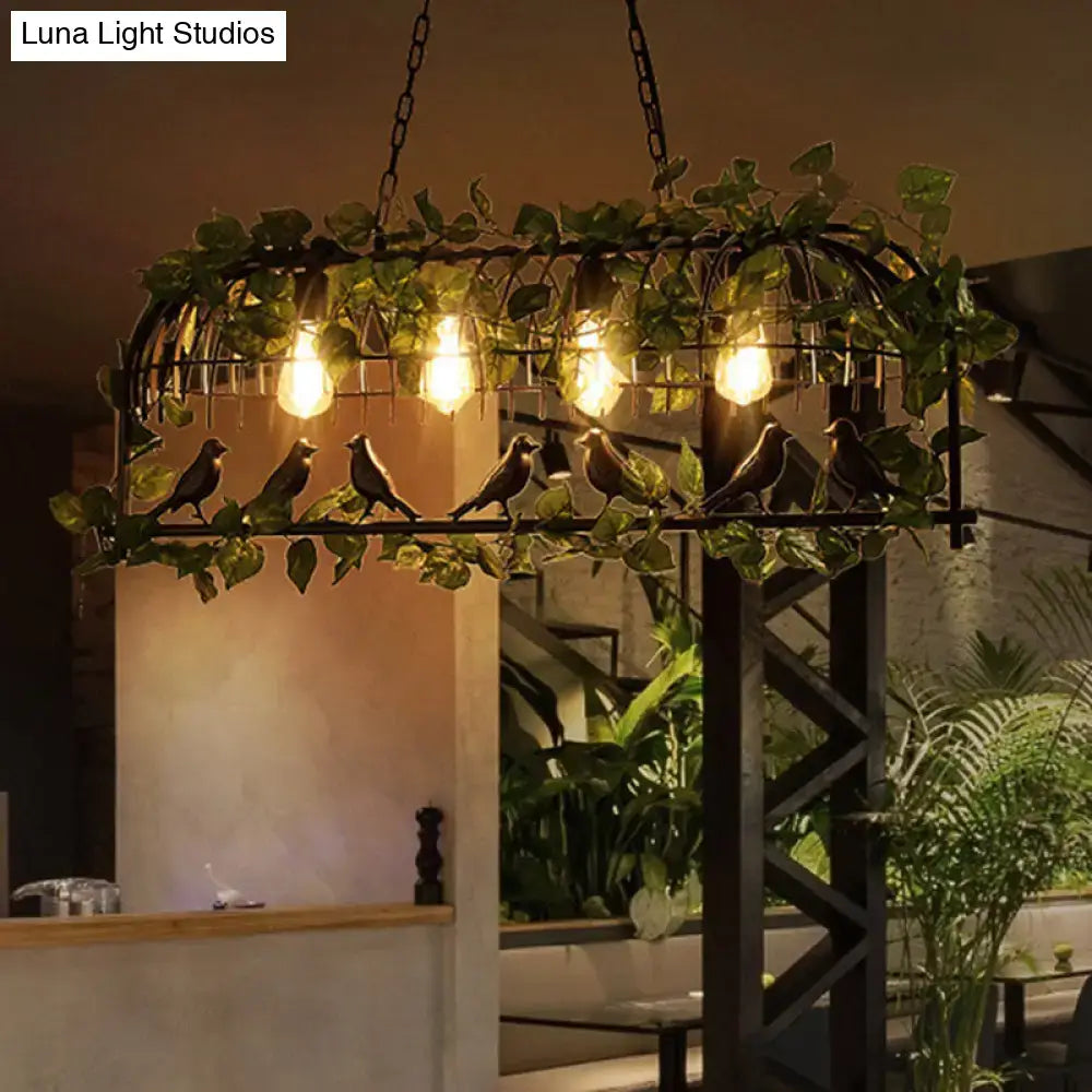 Wrought iron industrial metal pendant light by DecorBites with dark metal birds green vines and exposed filament bulbs 220v-240v