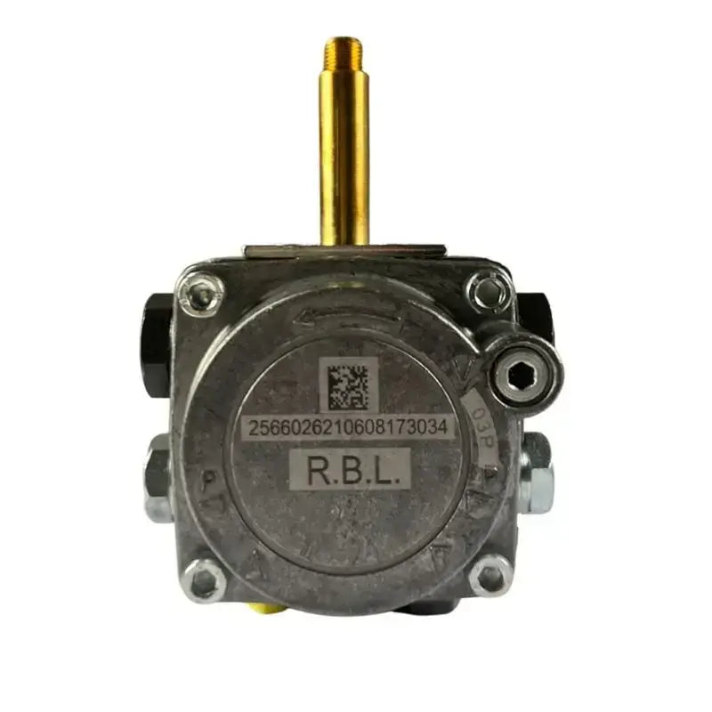Industrial metallic burner oil pump with brass shaft black fittings engraved serial numbers and r.b.l. label on base
