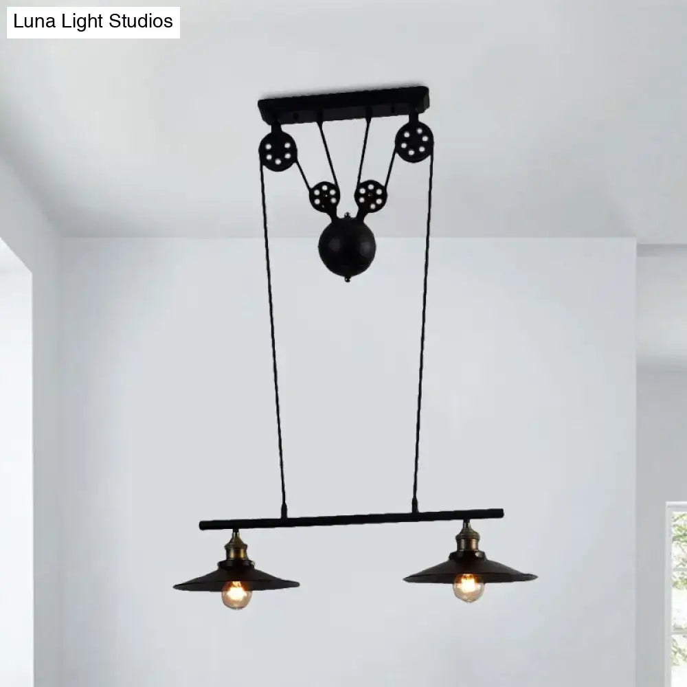 Decorbites™ industrial style black metal island pendant light with two hanging lamps and chain cord pulley mechanism