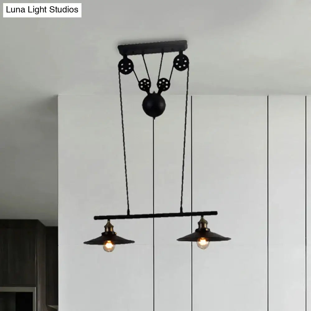 Decorbites™ industrial style metal island pendant light in black finish with two exposed bulbs and chain cord pulley system