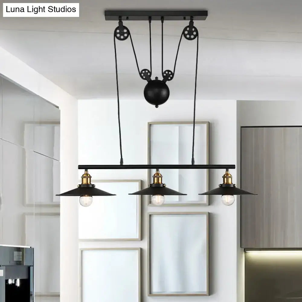 Decorbites™ industrial style black metal island pendant light with brass accents chain cord and three exposed bulbs