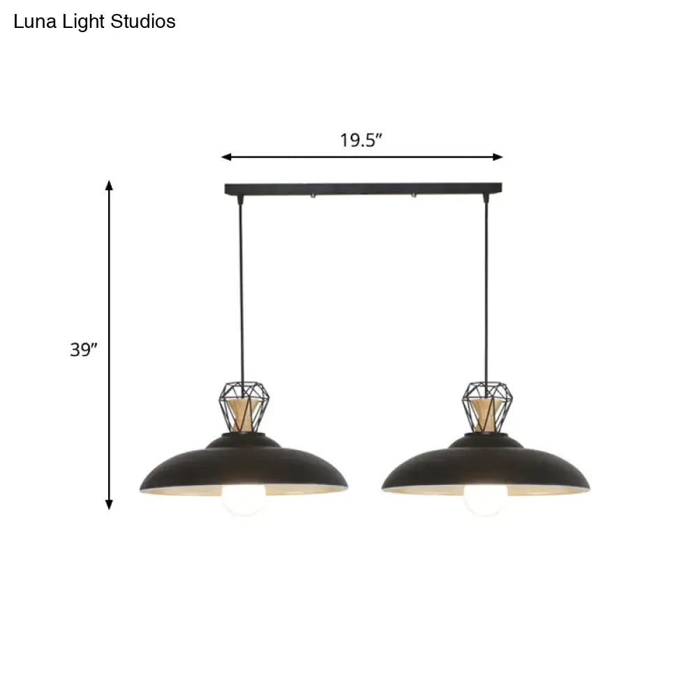 DecorBites 2-headed black industrial pendant lamp with barn metal shade and geometric diamond cage accents