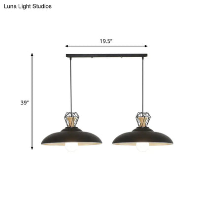DecorBites 2-headed black industrial pendant lamp with barn metal shade and geometric diamond cage accents
