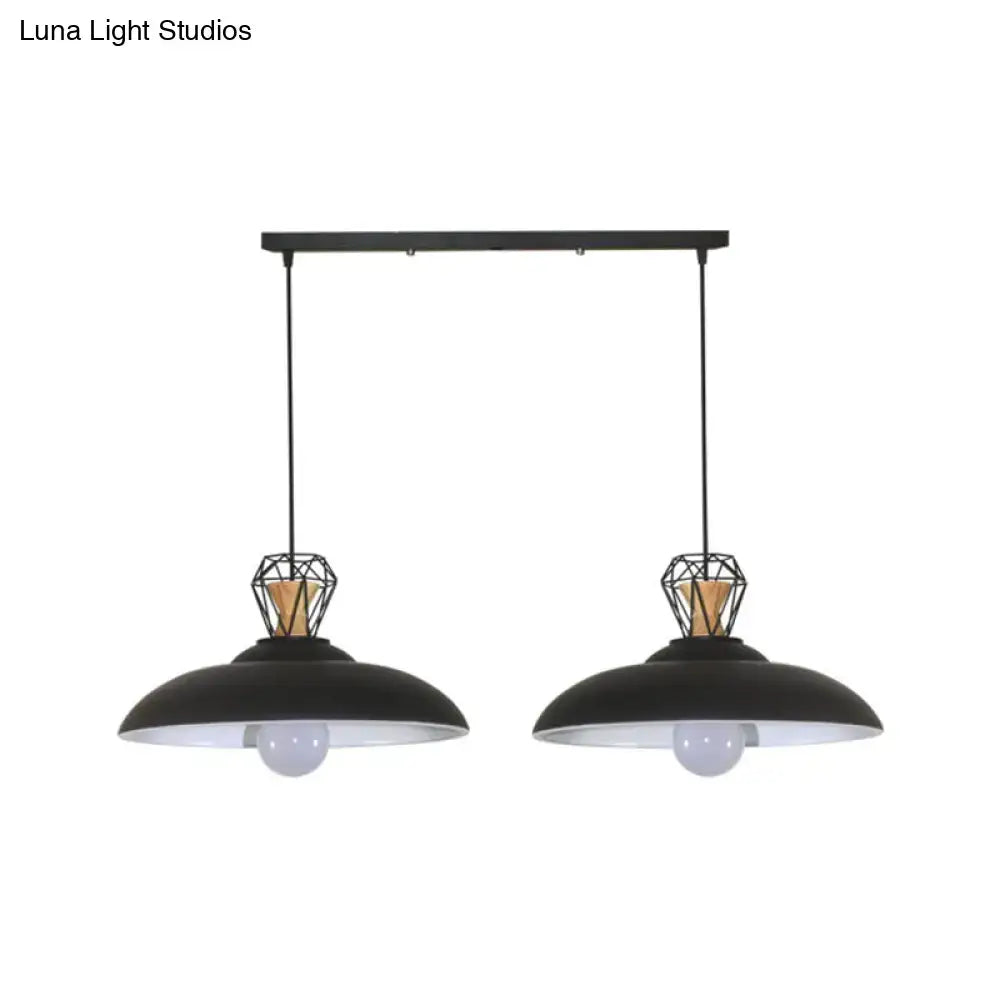 Black DecorBites™ 2-headed industrial pendant lamp with barn metal shade and wooden accents for restaurants