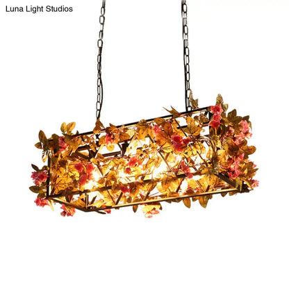 Decorbites™ industrial metal led hanging lamp in pink brown with flower decoration and dark metal frame