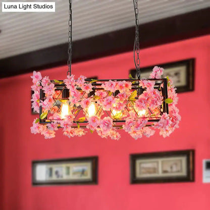 DecorBites industrial metal led hanging lamp in pink brown with rectangular frame and artificial cherry blossom flowers