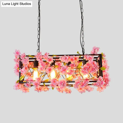 DecorBites™ industrial metal led hanging lamp in pink brown with black frame and pink cherry blossom flower decoration