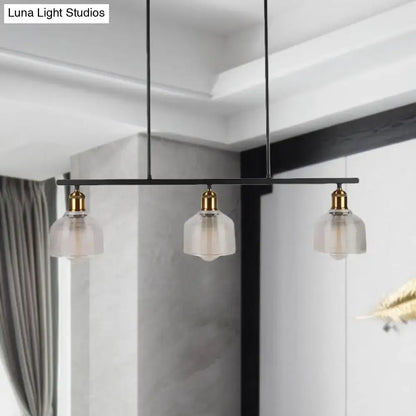 Black metal bar pendant light with three frosted glass shades and brass fixtures suitable for red yellow blue island lighting