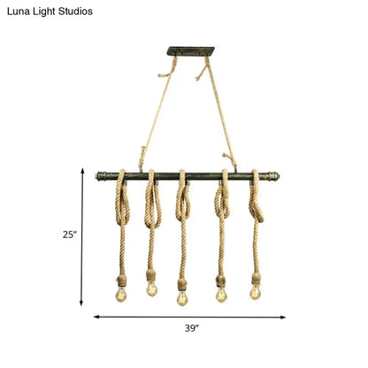 Decorbites adjustable rope exposed island light with dark metal bar beige rope and light yellow exposed bulbs