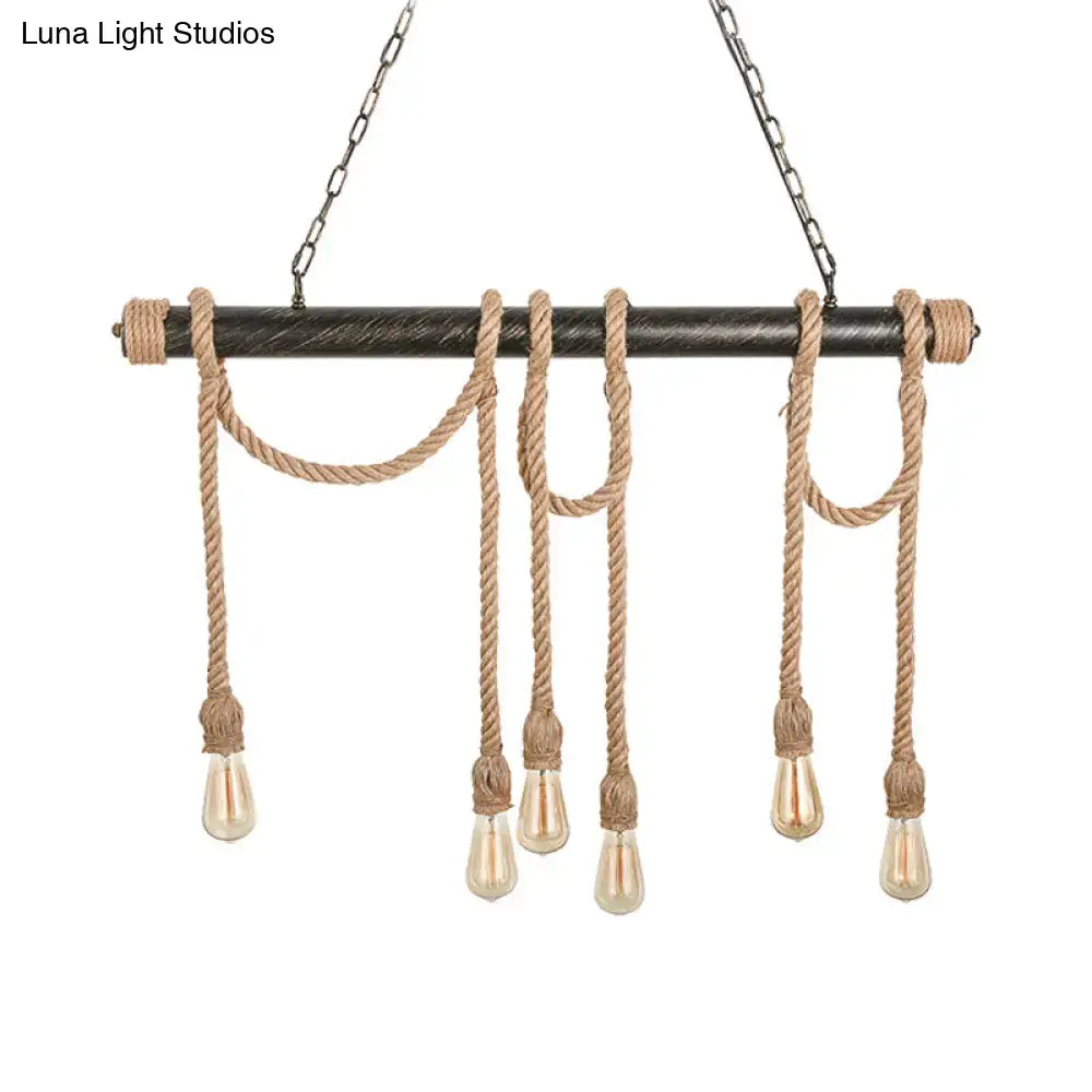 Rustic industrial-style decorbites adjustable rope exposed island light with dark metal bar light yellow bulbs and twine rope detailing