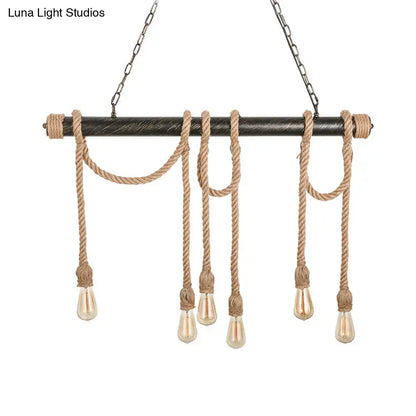 Rustic industrial-style decorbites adjustable rope exposed island light with dark metal bar light yellow bulbs and twine rope detailing