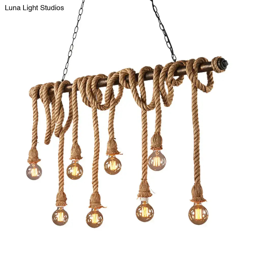 Rustic industrial chandelier with adjustable rope exposed design and light yellow filament bulbs hanging from metal rod