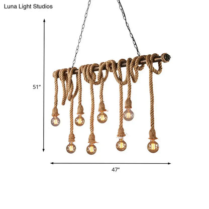 DecorBites adjustable rope exposed island light with light yellow Edison bulbs and rustic rope-wrapped metal chain suspension