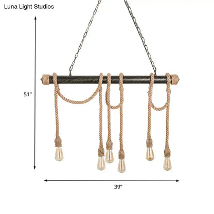 Decorbites adjustable rope exposed island light with light yellow edison bulbs dark metal bar and natural twine ropes