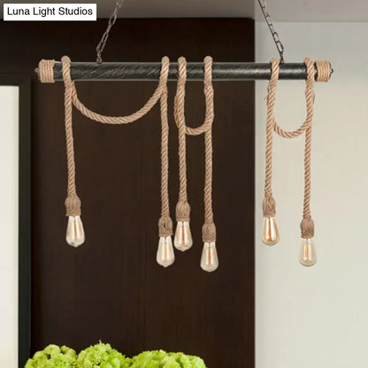 Decorbites adjustable rope exposed island light with dark metal bar beige rope cords and light yellow filament bulbs