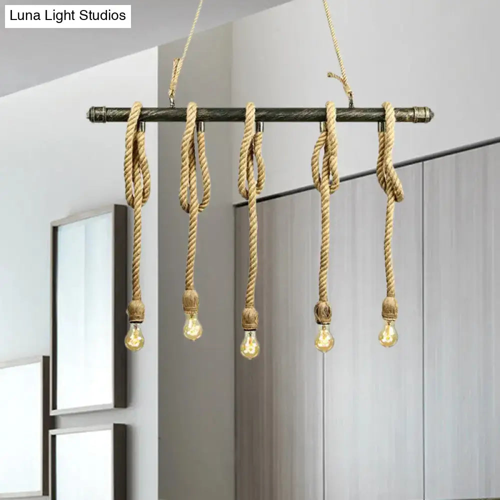 DecorBites adjustable rope exposed island light with dark metal bar beige rope and light yellow vintage bulbs