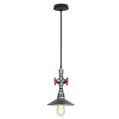 Industrial retro black and bronze pendant light fixture with black metal pipe, red valve handles, and vintage Edison bulb