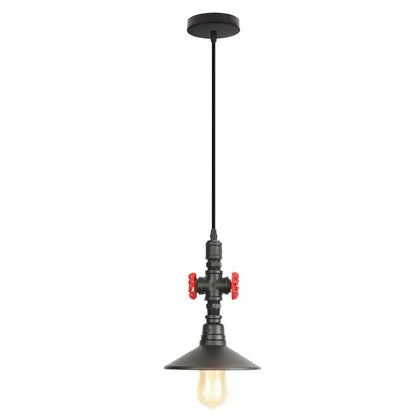 Industrial retro black and bronze pendant light fixture with red valve accents and vintage bulb for kitchen use