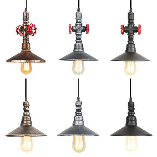 Industrial retro black and bronze pendant light fixture with vintage pipe design and red-handled valves for kitchen use