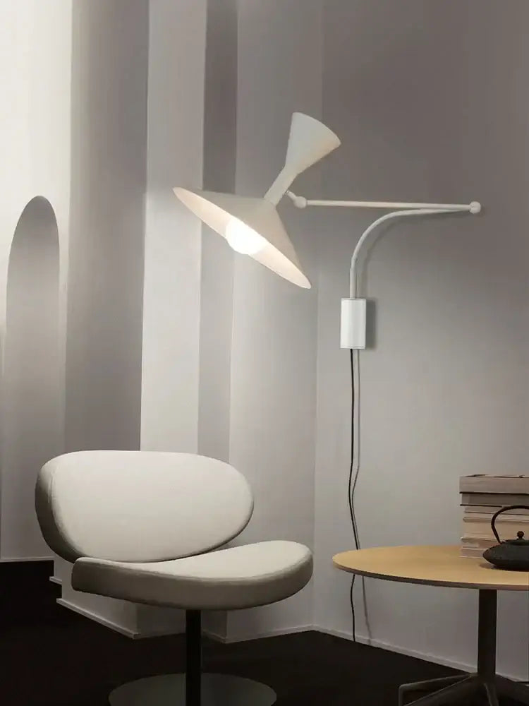White minimalist wall lamp with curved arm and conical shade industrial retro swing arm wall lamp for bedroom light