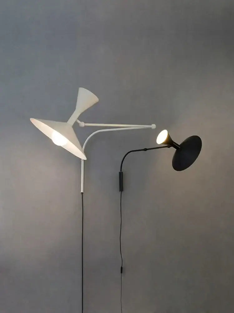 Modern industrial retro swing arm wall lamp with dual black and white adjustable shades for bedroom lighting