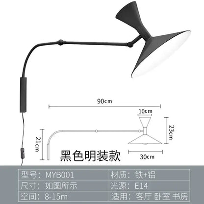 Industrial retro swing arm wall lamp black adjustable matte finish with e14 bulb socket for bedroom lighting