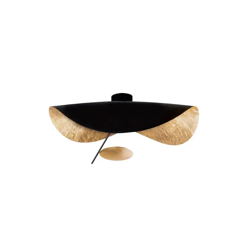 Black and gold leaf-shaped flying saucer hat ceiling lamp with sleek modern design by decorbites for bedroom decor