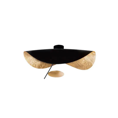 Black and gold leaf-shaped flying saucer hat ceiling lamp with sleek modern design by decorbites for bedroom decor