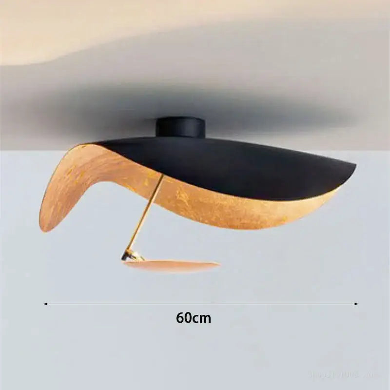 Modern ceiling lamp with sleek curved black and gold-toned wood panels decorbites flying saucer hat design