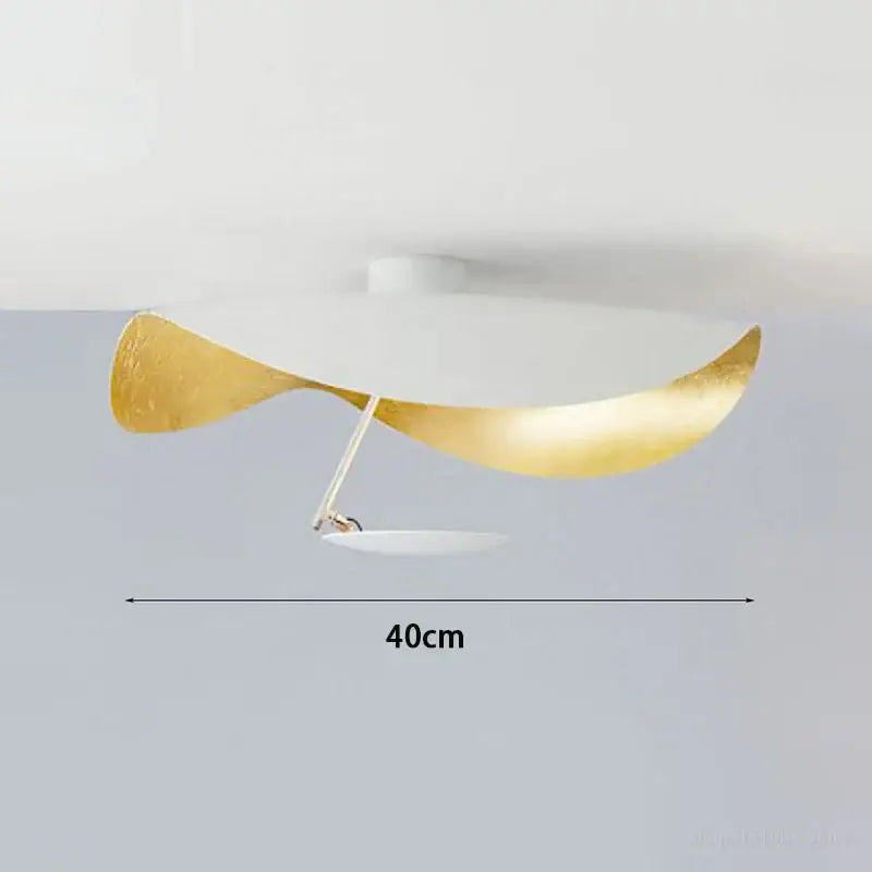 Modern ceiling lamp with sleek curved gold and white metallic finishes decorbites flying saucer hat design for bedroom decor