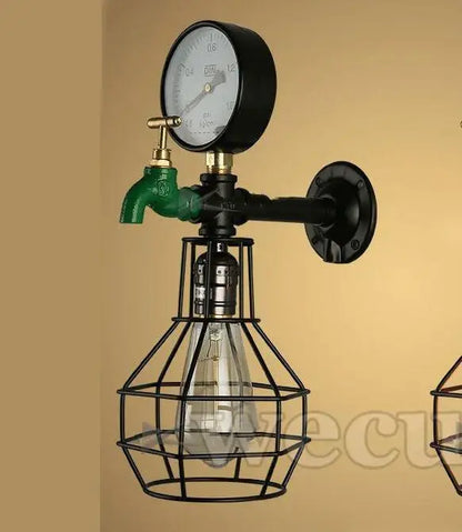 Industrial retro wall sconce with black metal cage, exposed filament bulb, green faucet, and pressure gauge for decorbites industrial retro decor
