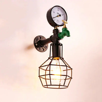 Industrial retro green faucet wall light featuring black metal pipe, pressure gauge, and exposed bulb in wire cage for decorbites industrial retro wall decor